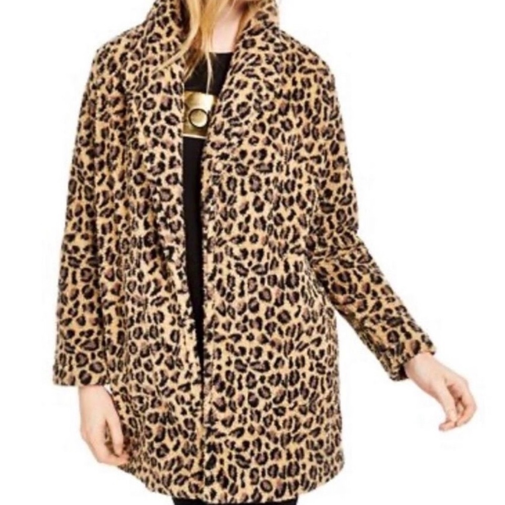 Calvin Klein Leopard Print Faux-Fur Coat in Tan and Black